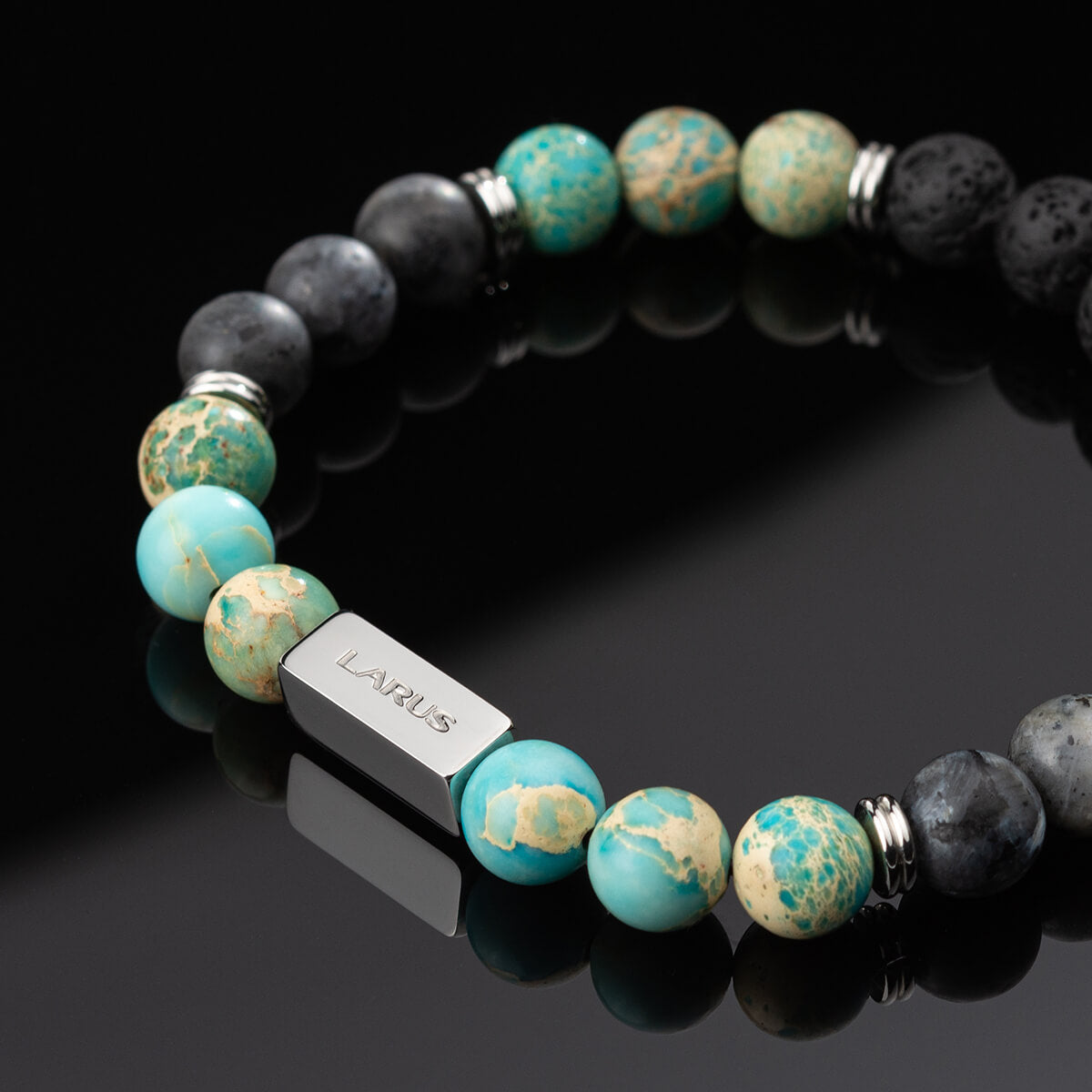 larus-beaded-bracelet-men-bracelet-blue-lagoon-imperial-jasper-larvakite-lava-ferfi-gyongy-karkoto-csaszar-jaspis-larvikit-lavako-karkoto-ezust-diszekkel-sl05 #szín_ezüst